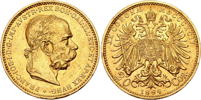 Austria 20 Corona 1894 MDCCCXCIV

KM# 2806, N# 14747; Gold (.900) 6.76 g.; Fra...