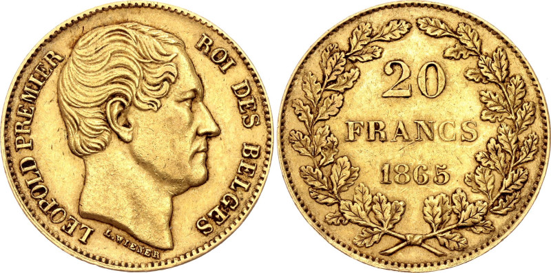 Belgium 20 Francs 1865

KM# 23, N# 11103; Gold (.900) 6.43 g.; Leopold I; Brus...