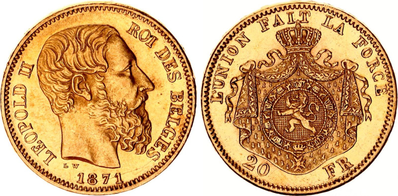 Belgium 20 Francs 1871

KM# 37, N# 7499; Finer beard; Gold (.900) 6.45 g; Leop...