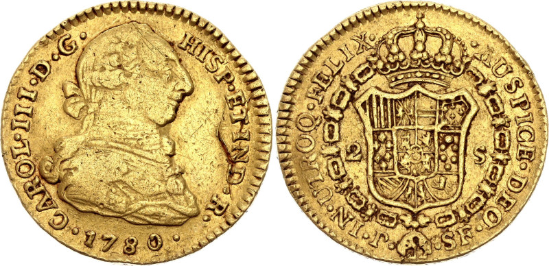 Colombia 2 Escudos 1780 P SF

KM# 49.2, N# 46765; Gold (.900) 6.70 g.; Carlos ...