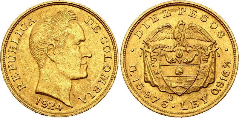 Colombia 10 Pesos 1924 B

KM# 202, N# 108785; Gold (.917) 15.91 g.; Bogota Min...