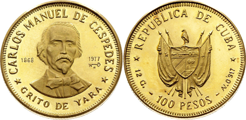 Cuba 100 Pesos 1977

KM# 43, JMA# AAEE003, N# 109293; Gold (.917) 12.00 g., Pr...