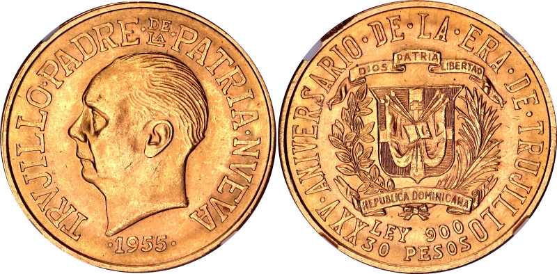Dominican Republic 30 Pesos 1955 NGC MS62

KM# 24, N# 35131; Gold (.900) 29.62...