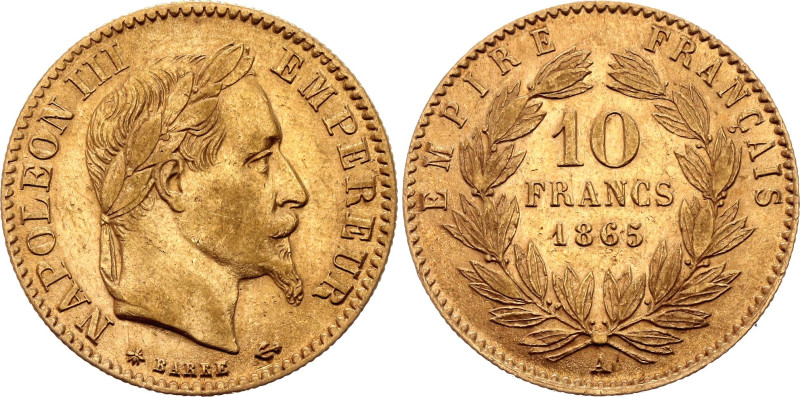 France 10 Francs 1865 A

KM# 800.1, N# 6929; Gold (.900) 3.23 g.; Napoleon III...