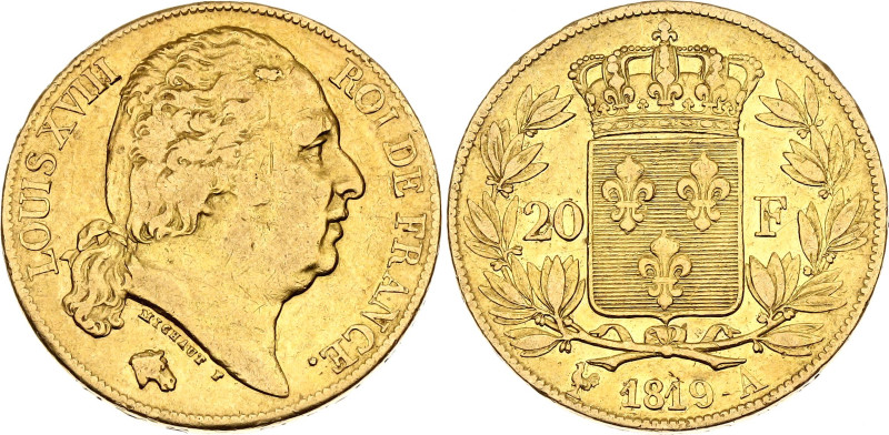 France 20 Francs 1819 A

KM# 712.1, N# 7366; Gold (.900) 6.38 g.; Louis XVIII;...