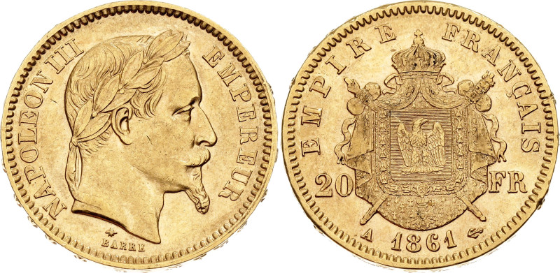France 20 Francs 1861 A

KM# 801.1, N# 6718; Gold (.900) 6.45 g.; Napoleon III...