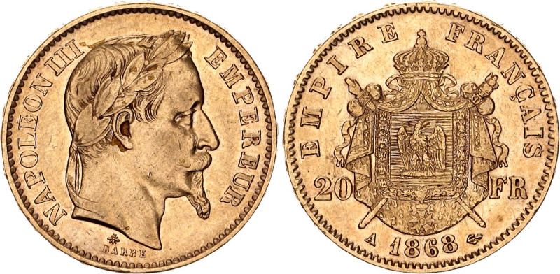 France 20 Francs 1868 A

KM# 801.1, N# 6718; Gold (.900) 6.45 g.; Napoleon III...