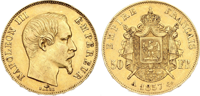 France 50 Francs 1857 A

KM# 785.1, N# 10256; Gold (.900) 16.13 g.; Napoleon I...
