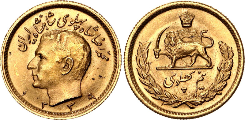 Iran 1/2 Pahlavi 1960 SH 1339

KM# 1161, N# 29162; Gold (.900) 4.07 g.; Mohamm...