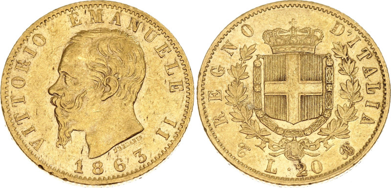 Italy 20 Lire 1863 T BN

KM# 10.1, N# 17714; Gold (.900) 6.45 g.; Vittorio Ema...