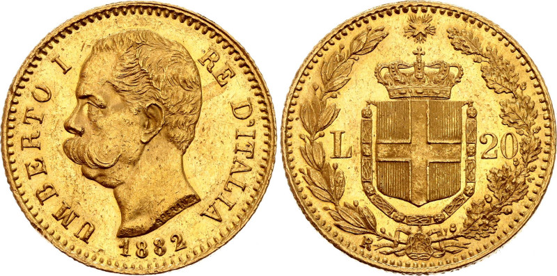 Italy 20 Lire 1882 R

KM# 21, N# 19764; Gold (.900) 6.43 g.; Umberto I; Rome M...