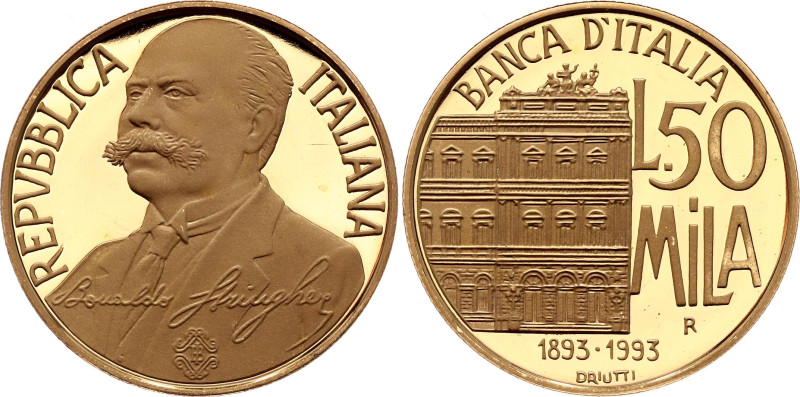 Italy 50000 Lire 1993 R

KM# 176, N# 58315; Gold (.900) 7.5 g., Proof; Centena...