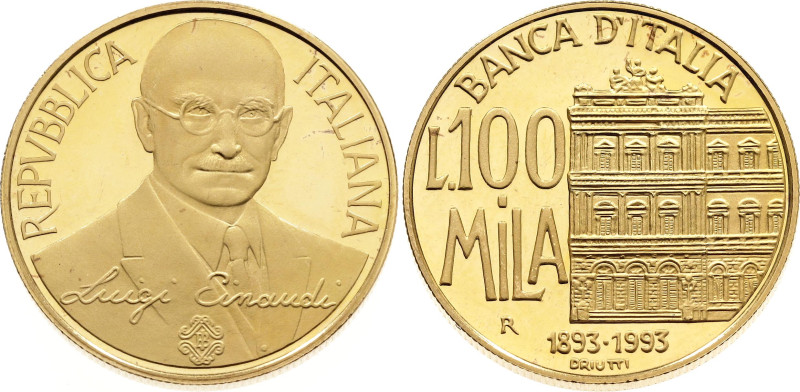 Italy 100000 Lire 1993 R

KM# 177, N# 54920; Gold (.900) 15 g., Proof; Centena...