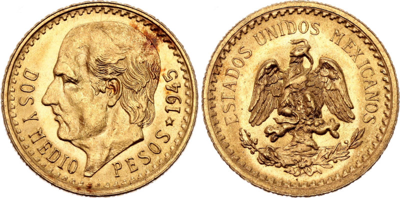 Mexico 2-1/2 Pesos 1945 Restrike

KM# 463, N# 18813; Gold (.900) 2.08 g.; UNC ...
