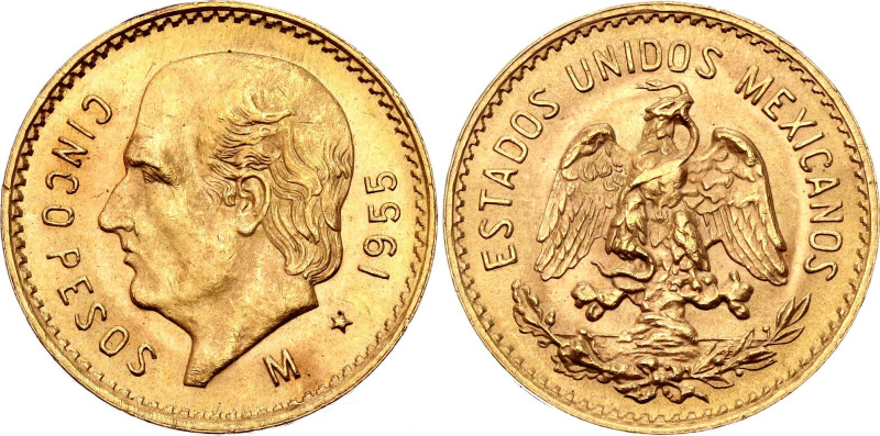 Mexico 5 Pesos 1955 M Restrike

KM# 464, N# 28708; Gold (.900) 4.18 g.; UNC wi...