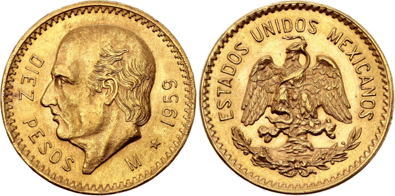 Mexico 10 Pesos 1959 M Key Date

KM# 473, N# 26767; Gold (.900) 8.33 g.; Hidal...