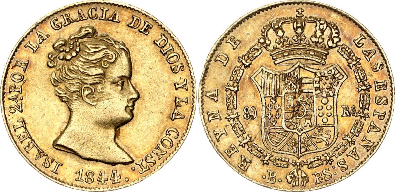 Spain 80 Reales 1844 BPS

KM# A579, N# 103186; Gold (.875) 6.7 g.; Isabella II...