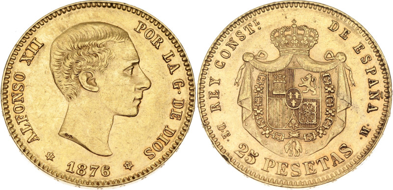 Spain 25 Pesetas 1876 (*1876) DEM

KM# 673, Cal# 1, N# 14830; Gold (.900) 8.06...