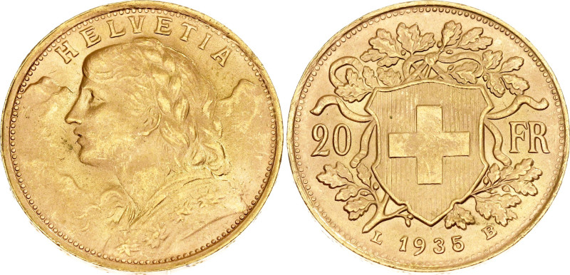 Switzerland 20 Francs 1935 LB Restrike

KM# 35.1, N# 7497; Gold (.900) 6.45 g....