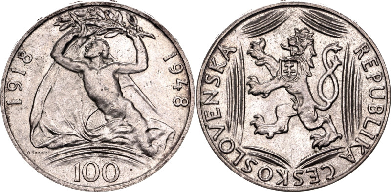 Czechoslovakia 100 Korun 1949

KM# 27, Schön# 34, N# 12650; Silver; 30th Anniv...