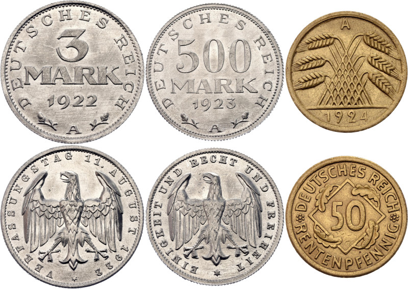 Germany - Weimar Republic 50 Rentenpfennig - 3 - 500 Mark 1922 - 1924 A

KM# 2...
