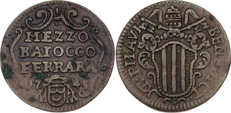 Italian States Papal States Ferrara 1/2 Baiocco 1745

KM# 139, MIR# 2648, N# 3...