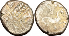 Celtic World. Britain. AR Drachm, 60-20 BC. D/ Devolved head of Apollo right. R/ Horse right. AR. g. 5.54 mm. 18.00 F.