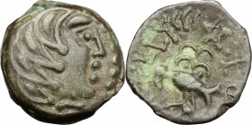 Celtic World. Gaul, Northwest. Senones. Ullucci. AE, 100-50 BC. D/ Stylized male head right. R/ Stylized eagle standing left; above, pentagram and cro...