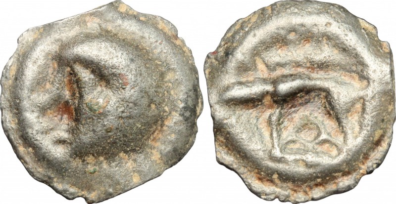 Celtic World. Gaul, Northeast. Leuci. Cast Potin Unit, 100-50 BC. D/ Head left. ...