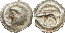 Celtic World. Gaul, Northeast. Leuci. Cast Potin Unit, 100-50 BC. D/ Head left. R/ Boar standing left; below, ornament. DT 228. Depeyrot VII, 141. BI....