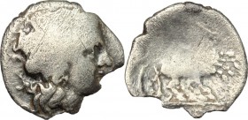 Greek Italy. Central and Southern Campania, Neapolis. AR Triobol, 300-275 BC. D/ Head of Apollo right, laureate. R/ Nike in biga right. HN Italy 580. ...