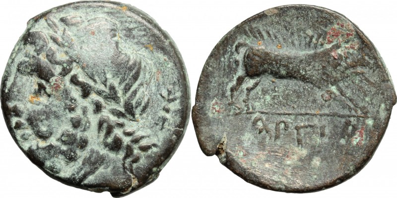 Greek Italy. Northern Apulia, Arpi. AE, 325-275 BC. D/ Head of Zeus left, laurea...