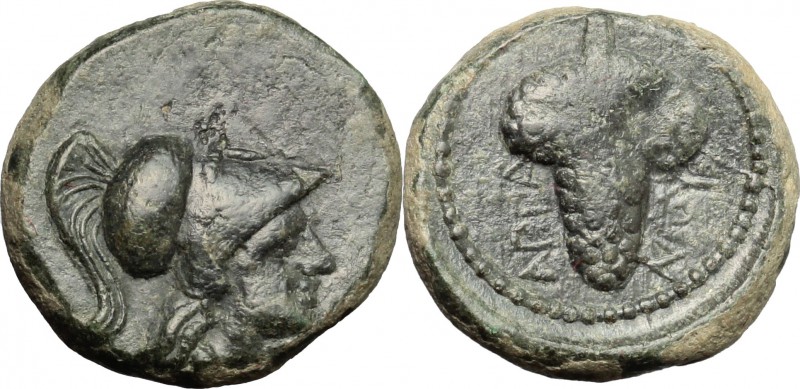 Greek Italy. Northern Apulia, Arpi. AE, 215-212 BC. D/ Head of Athena right, hel...