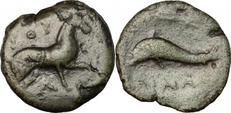 Greek Italy. Northern Apulia, Salapia. AE, 275-250 BC. D/ Horse right. R/ Dolphi...