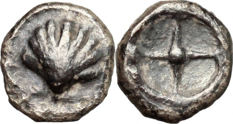 Greek Italy. Southern Apulia, Tarentum. AR Litra, 480-470 BC. D/ Shell. R/ Wheel...