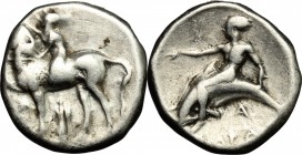 Greek Italy. Southern Apulia, Tarentum. AR Nomos, 380-340 BC. D/ Horseman left; crowning his horse. R/ Phalantos riding dolphin left. HN Italy 868. AR...