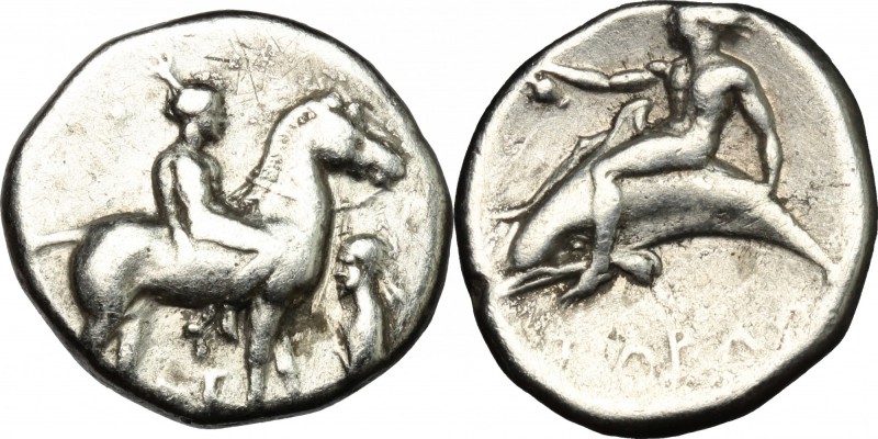 Greek Italy. Southern Apulia, Tarentum. AR Nomos, 365-355 BC. D/ Naked youth on ...
