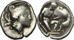 Greek Italy. Southern Apulia, Tarentum. AR Diobol, 380-325 BC. D/ Head of Athena right, helmeted. R/ Heracles kneeling right, grappling with lion, hol...