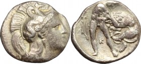 Greek Italy. Southern Apulia, Tarentum. AR Diobol, 380-325 BC. D/ Head of Athena right, helmeted. R/ Heracles standing right, lifting lion with neck-g...