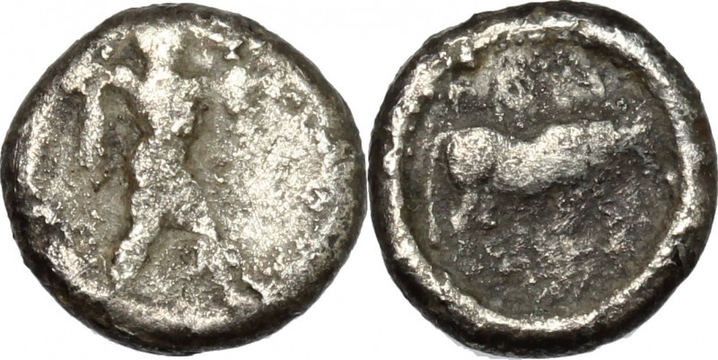 Greek Italy. Lucania, Poseidonia-Paestum. AR Diobol, 410-350 BC. D/ Poseidon wie...
