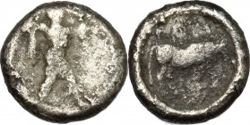 Greek Italy. Lucania, Poseidonia-Paestum. AR Diobol, 410-350 BC. D/ Poseidon wielding trident right. R/ Bull standing right. HN Italy 1146. AR. g. 1.1...