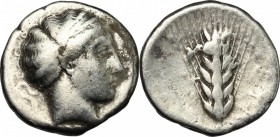 Greek Italy. Southern Lucania, Metapontum. AR stater, c. 430-400 BC. D/ Head of Demeter right, hair bound in crossed fillet. R/ Barley ear of six grai...
