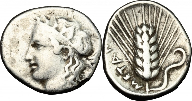 Greek Italy. Southern Lucania, Metapontum. AR Stater, c. 400-340 BC. D/ Female h...