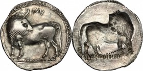 Greek Italy. Southern Lucania, Sybaris. AR Stater, 550-510 BC. D/ Bull standing left, head turned back. R/ Incuse bull standing right, head turned bac...