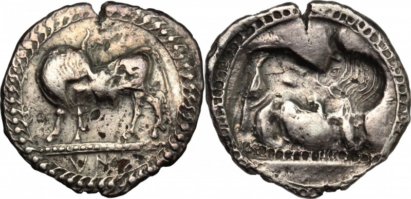 Greek Italy. Southern Lucania, Sybaris. AR Drachm, 550-510 BC:. D/ Bull standing...