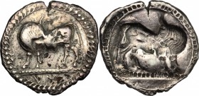 Greek Italy. Southern Lucania, Sybaris. AR Drachm, 550-510 BC:. D/ Bull standing left, head turned back. R/ Incuse bull standing right, head turned ba...