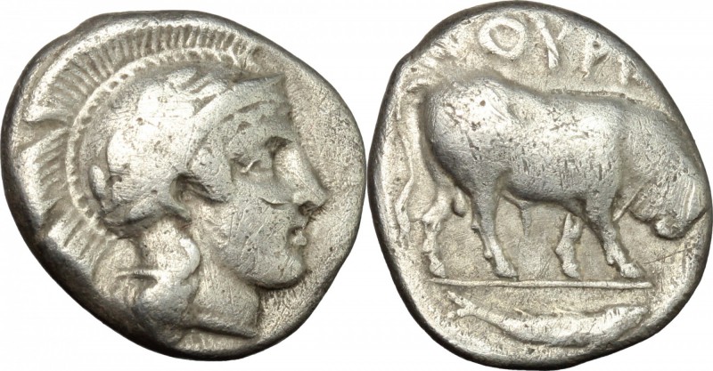 Greek Italy. Southern Lucania, Thurium. AR Stater, c. 443-400 BC. D/ Head of Ath...
