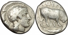 Greek Italy. Southern Lucania, Thurium. AR Stater, c. 443-400 BC. D/ Head of Athena right, wearing Attic helmet, decorated with wreath. R/ Bull walkin...