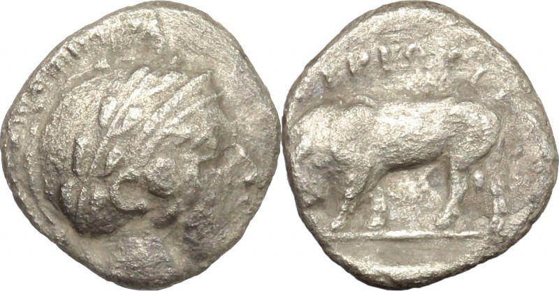 Greek Italy. Southern Lucania, Thurium. AR Triobol, c. 443-400 BC. D/ Head of At...