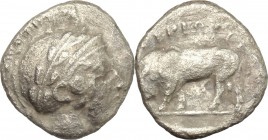 Greek Italy. Southern Lucania, Thurium. AR Triobol, c. 443-400 BC. D/ Head of Athena right, wearing Attic helmet decorated with wreath. R/ Bull walkin...